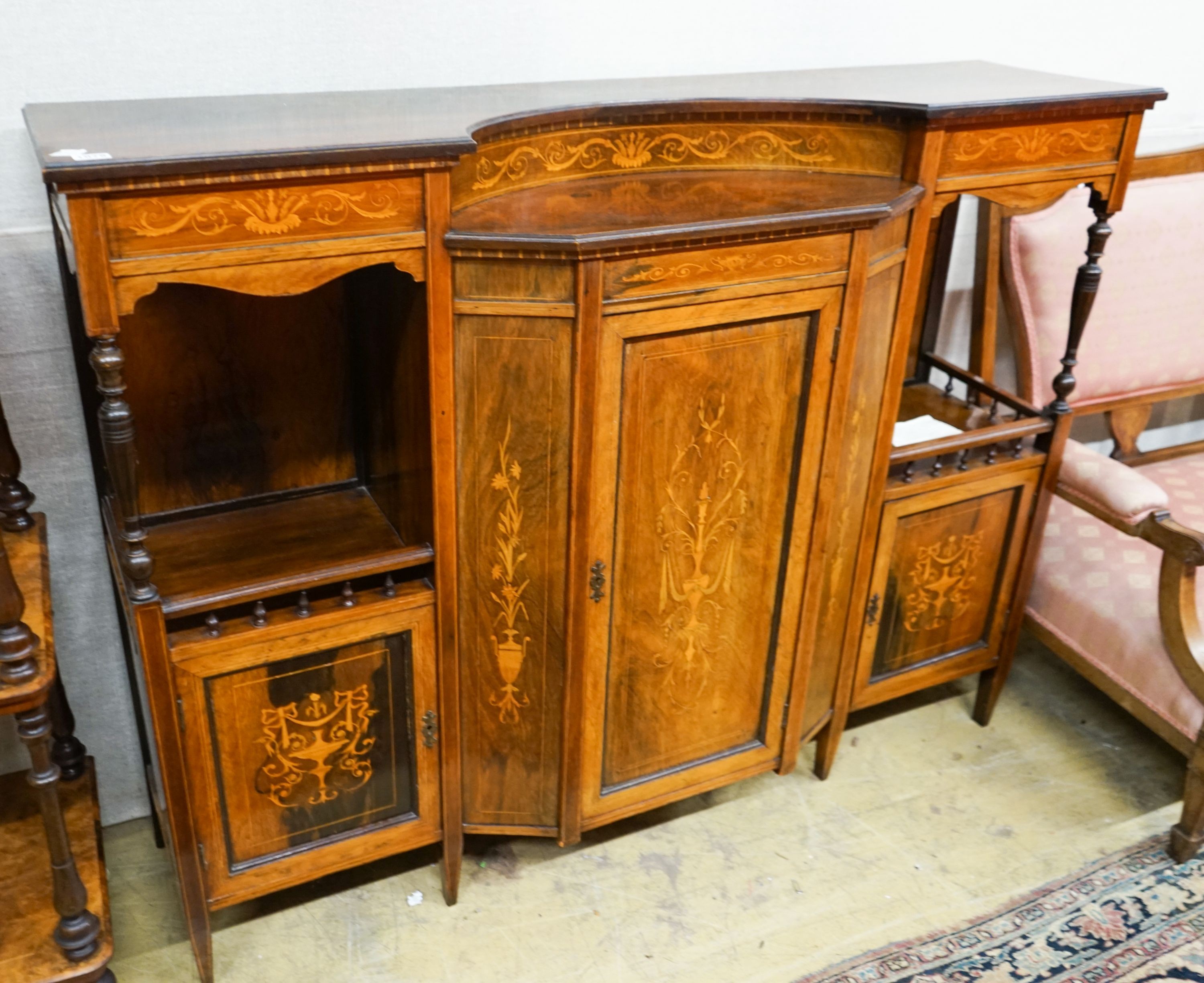 A late Victorian marquetry inlaid rosewood side cabinet, width 136cm, depth 39cm, height 104cm